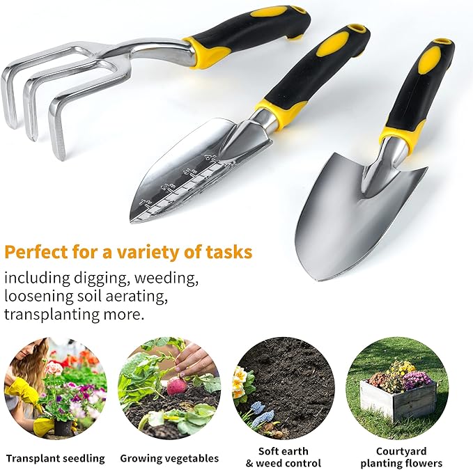 Gardenera 3PC Garden Tool Set with Soft Rubberized Non-Slip Handles - Hand Trowel, Transplant Trowel, Hand Rake in Polished Aluminum - Ideal for All Gardening Needs and The for Gardeners