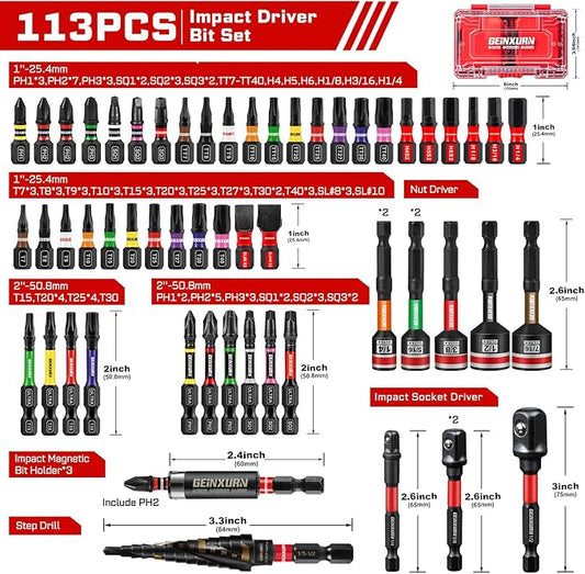 113Pcs Impact Screwdriver Bits Set, Magnetic S2 Steel 1??2?쒺hillips/Square/Torx/Slotted/Security Torx/Hex Bits Tips,Impact Bit Holder and Nut Driver and Socket Adapter with Storage Box Case