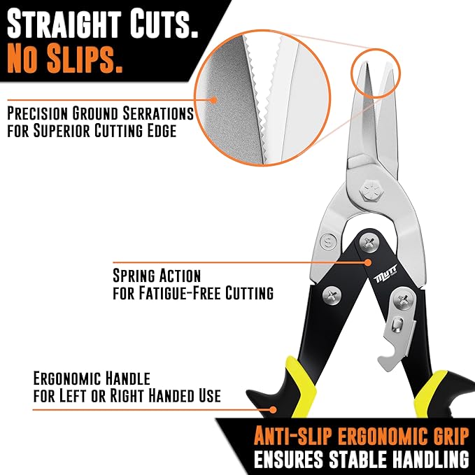 Mutt Tools 10" Heavy Duty Metal Cutting Shears - Professional Tin Snips for Sheet Metal, Stainless Steel & Aluminum - Straight Cut HVAC Scissors with Ergonomic Grip