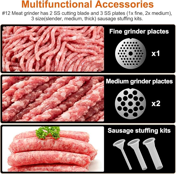 Commercial Meat Grinder Mincer, Heavy Duty Sausage Stuffer, Peak Power 3150W with S.S. Blade, Multi-Size Grinding Glates and Sausage Tube, Reversal Fuction, for Catering, ETL Certified