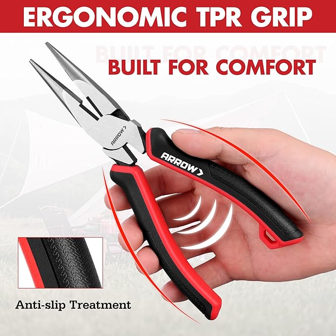 ARROW Needle Nose Pliers, 8-inch Long Nose Cutting Pliers with Wire Cutter, Comfortable TPR Handle, High Carbon Steel, High Leverage Diagonal Design