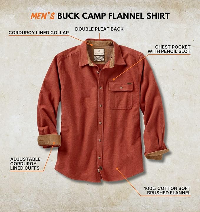 Legendary Whitetails Men's Flannel Shirt Long Sleeve Button Down 100% Cotton