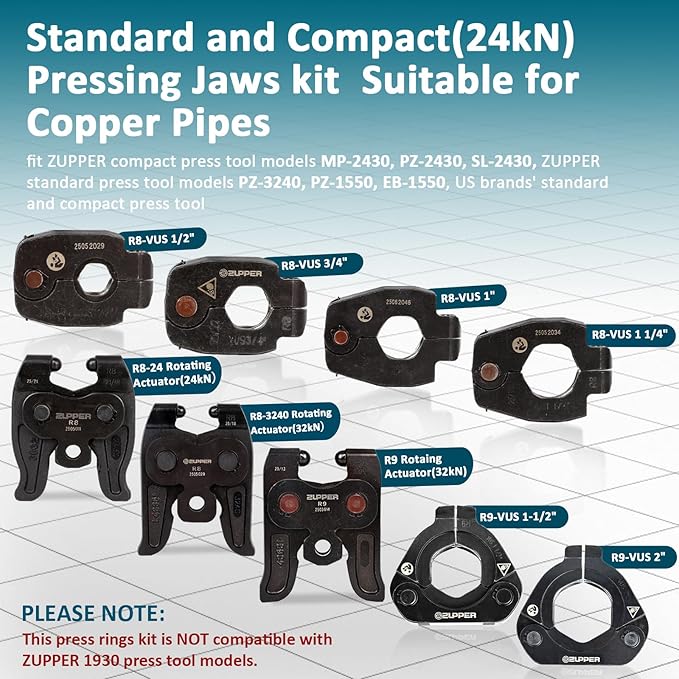 ZUPPER 6PCS Copper Press Rings 1/2" to 2", 3Pcs Rotating Adaptors R8-24, R8-3240 and R9 Suit for Narrow,Angled Installation Areas Compatible with Compact and Standard Press Tools