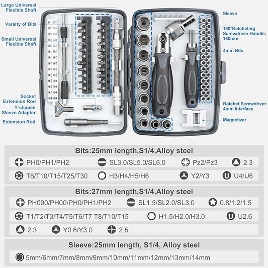 68-in-1 Ratcheting Screwdriver Set, Pocket Size, Versatile Ratchet Handle for Mechanics, DIY, Bicycle, Car, Electronics Maintenance (9902)