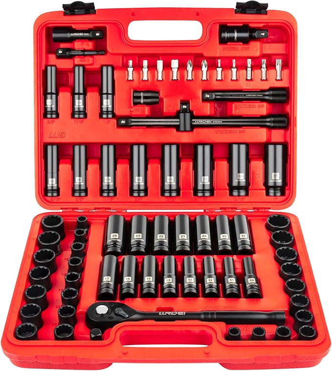LLNDEI 72 Piece 1/2 Inch Drive Socket Set, 6 & 12 Point Impact Sockets, Deep & Shallow Sockets, Cr-V Steel, Metric & SAE, Including Extension Bars, Ratchet Handle, Adapters, Universal Joint, Bits Set