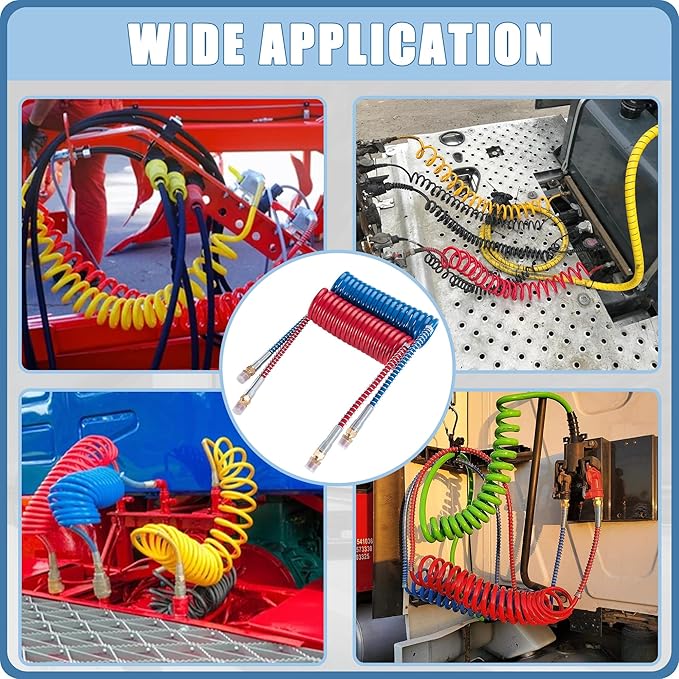 Air Brake Line Hose Coil Assembly Coiled Set 15 FT Air Lines Semi Truck Trailer Hoses,1/2" NPT DOT Fittings with Glad Hands & Grips & Rubber Seals (15' Length x 12" Tractor Lead)