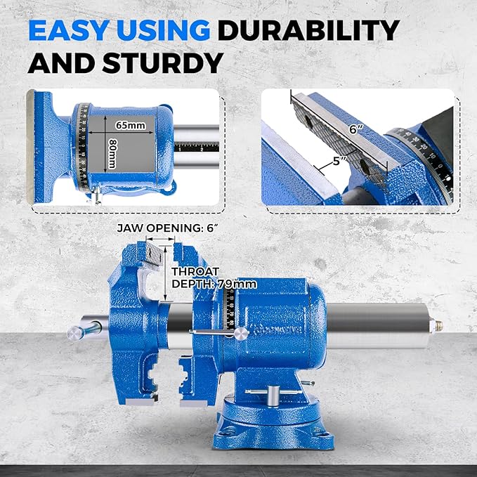 COGNATIVE 6-Inch Heavy Duty Bench Vise Ductile Iron Bench Vise 360째 Multi-Purpose Bench Vice with Anvil, Clamp force 9900lbs, Blue Swivel Vise