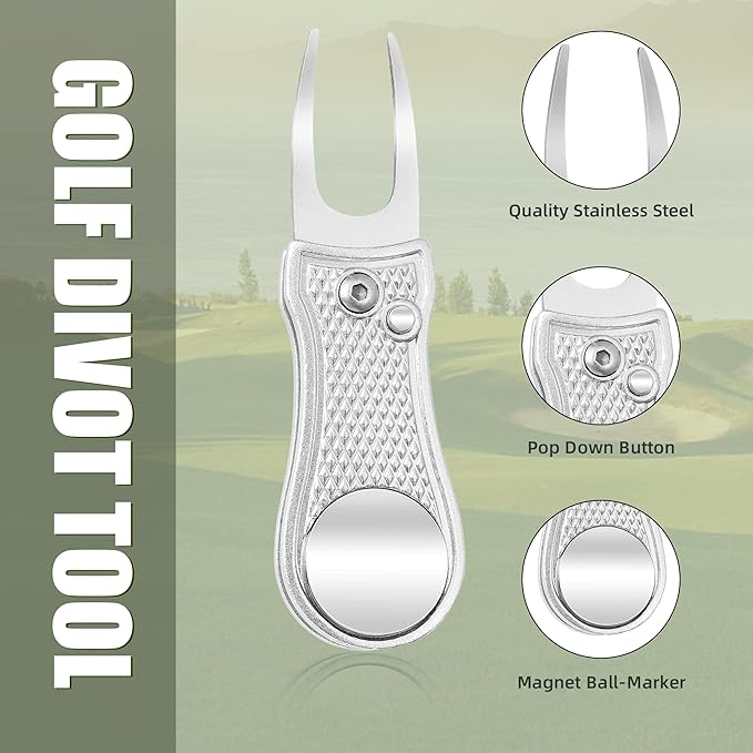 Mile High Life Golf Divot Repair Tool, All Metal Foldable Divot Tool with Pop-up Button & Magnetic Ball Marker