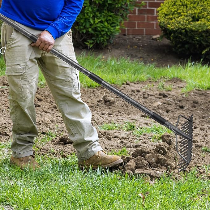 49'' Bow Rake 竊?7 Tines Metal Head Rakes with Stainless Steel Handle竊똇eavy Duty Garden Rake for Loosening Soil Gathering Leaf Leveling Lawn Farming Land Management Yarn Thatch Rake