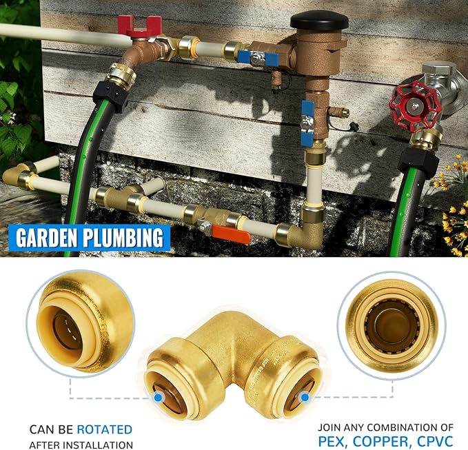 SUNGATOR 1-Inch Push Fit PEX Elbow, 90-Degree Plumbing Fitting Pipe Connector with Disconnect Clip, Push-to-Connect, Copper, PEX, CPVC, No Lead Brass Fittings (2-Pack)