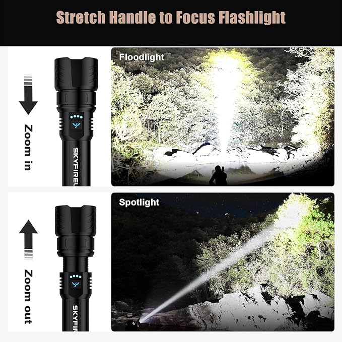 SKYFIRE Rechargeable Flashlights High Lumens with Ignition Lens,5000mAh Super Bright Flashlight Waterproof LED Tactical Flash Light for Camping Essentials Outdoor Home&Gifts