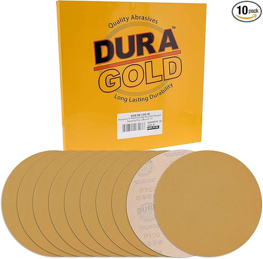 Dura-Gold Premium 9" Drywall Sanding Discs - 120 Grit (Box of 10) - High-Performance Sandpaper Discs with Hook & Loop Backing, Fast Cutting Aluminum Oxide Abrasive - For Drywall Power Sander, Wood