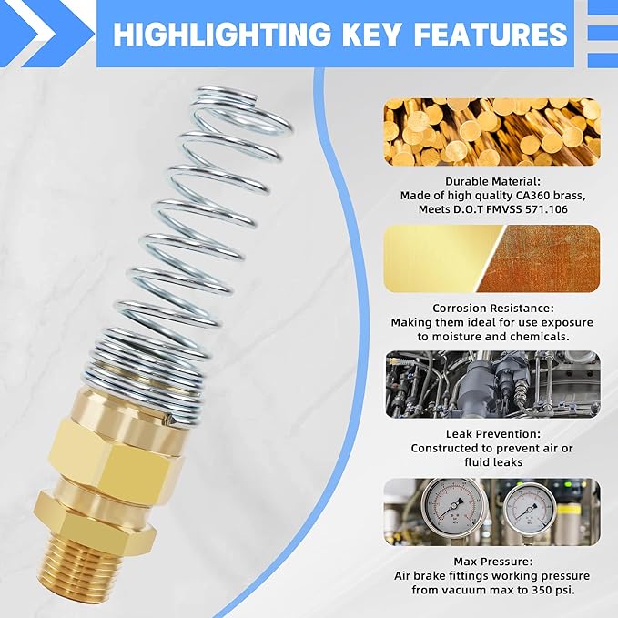 1/2??Hose x 1/2??Male Connector with Spring Guard, Dzakoot 2 Pack Air Brake Hose End Fitting with 2 Pack 1/2??Sleeve Tube