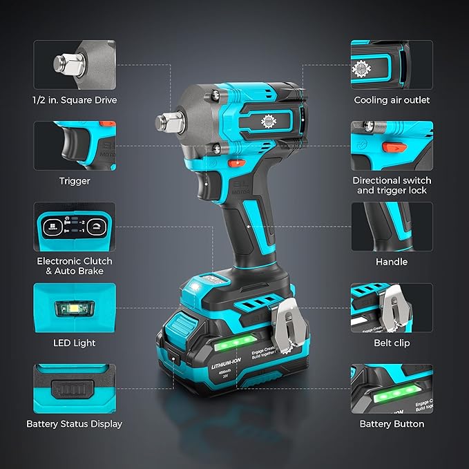 1/2" Cordless Impact Wrench Kit, Impact Gun 3-Mode Speed with 4.0Ah Battery and Fast Charger, 20V High Torque 465Ft-lbs (630N.m), Brushless 2500RPM Power Electric Impact Wrench with LED Light for Car