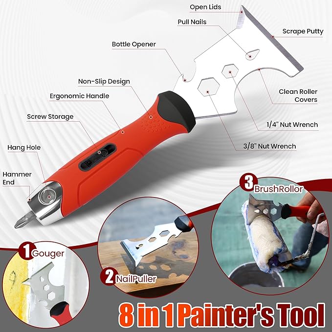 10Pcs Drywall Tool Kit, Stainless Steel Putty Knife Set with 1"-6" Knives, 8"-12" Taping Knives, 9-in-1 Painter Scraper, 12" Mud Pan & 6" Scoop for Drywall Taping, Finishing, and Patching