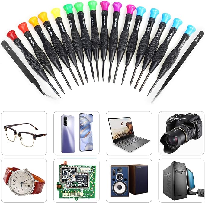 18-Piece Magnetic Screwdriver Set with Flathead, Phillips, Pentalobe, Torx, Star Screwdrivers, Tweezers in Different Sizes and Colors for Repairing Eyeglass, Phone, Watch