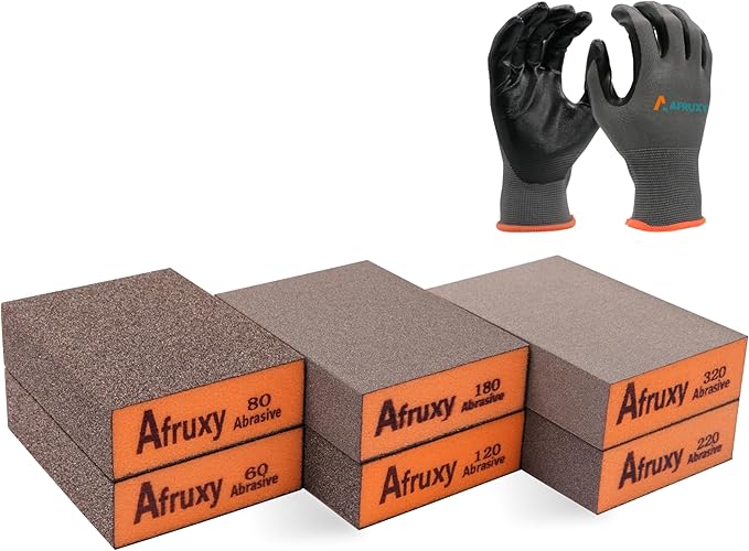 Professional-Grade Sanding Sponge 6-Pack with Gloves ??60/80/120/180/220/320 Grit Hand Sander, Durable Sandpaper Block for Drywall Sanding, Wood Sanding