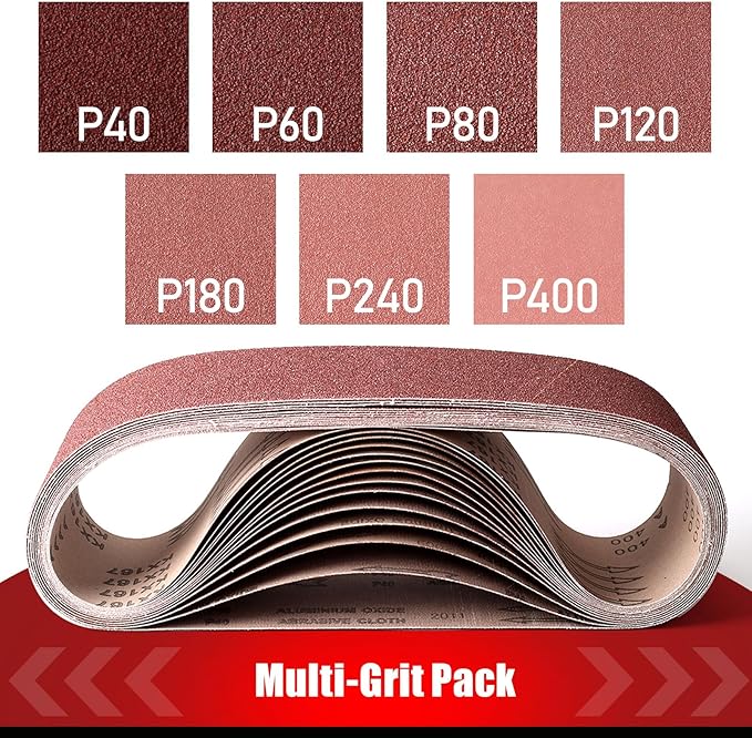 3횞18 Inch Belt Sander Sanding Belt, 21 Pack Belt Sander Paper 40/60/80/120/180/240/400 Grits Assortment Aluminum Oxide Sanding Belts for Belt Sander Knife Sharpening Wood Metal Polishing