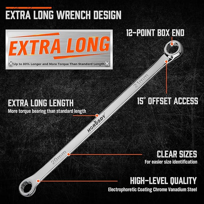 HORUSDY 8-Piece Extra Long Double Box-End Wrench Set, 12-Point Metric 8??4 mm, CR-V Steel, 15째 Offset, Off-Corner Loading, with EVA Foam Organizer