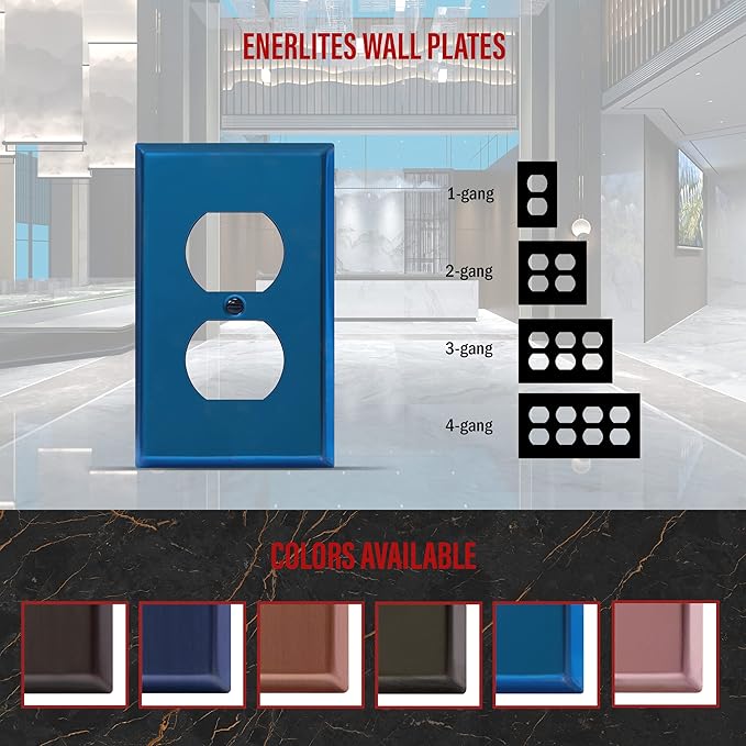 ENERLITES Duplex Receptacle Metal Wall Plate, Stainless Steel Outlet Cover, Corrosion Resistant, Standard Size 1-Gang 4.50" x 2.76", Stainless Steel 201, 7721-PBL, Polished Blue