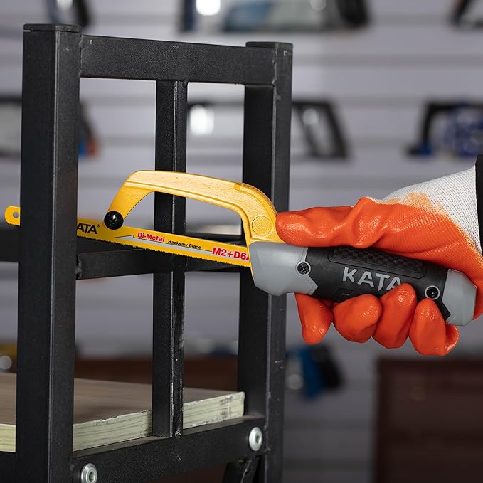 KATA Mini Hacksaw for Metal Cutting, Compact Hand Hack Saw Tool with 10 Inch Aluminum Frame and 2 Piece Extra Flexible Bi-Metal HSS Saw Blades, Small Handsaw Cutter for Wood, PVC, Iron, Copper