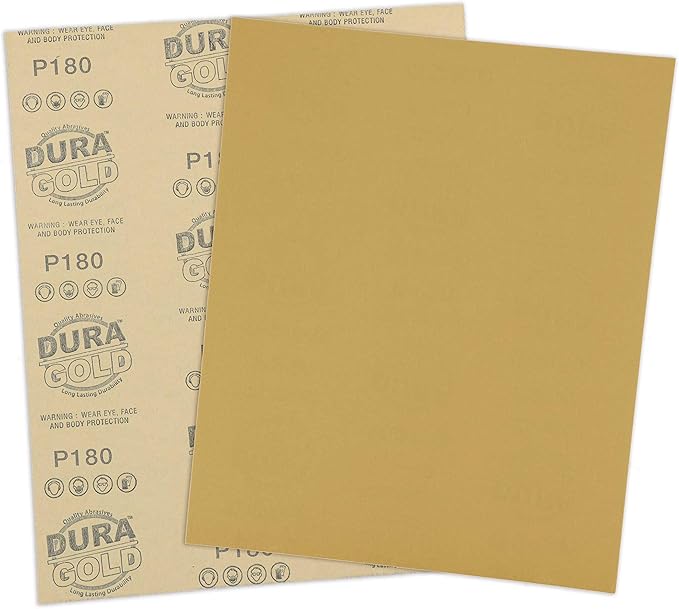 Dura-Gold Premium 9" x 11" Gold Sandpaper Sheets, 180 Grit (Box of 10) - Wood Furniture Woodworking, Automotive Paint, Full-Size Cut to Use on 1/4, 1/3, 1/2 Sheet Finishing Sanders, Hand Sanding Block