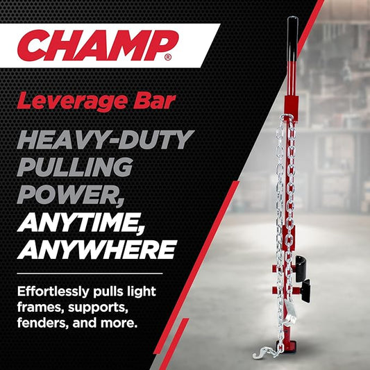 Champ Leverage Bar - 52??Alignment, Prying, and Pulling Stick with 3 Interchangeable Rubber Feet and 6 ft Chain Hook for Auto Body Frame and Panel Repair