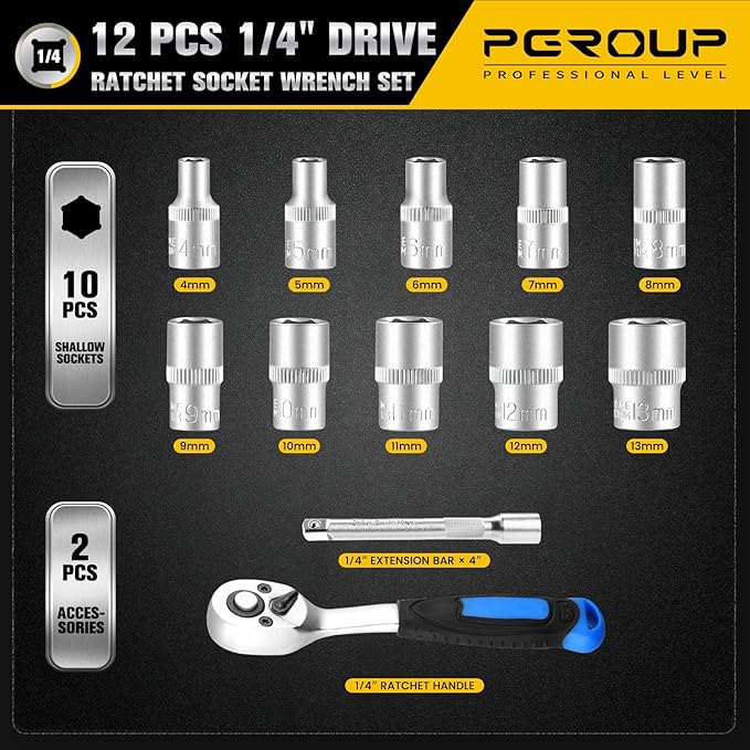 12PCS 1/4" Drive Metric Socket Wrench Set, 90-Tooth Reversible Ratchet Handle竊? Point Shallow Sockets (4-13mm) and Extension Bar 4", CR-V Steel, Tool Set For Car,Motorcycle,Bike Repair