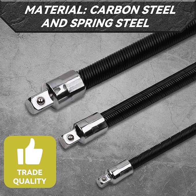 3-Piece Flexible Socket Extension Bar Set 1/2" 1/4" 3/8" Shaft Drive 10" 8" 6"