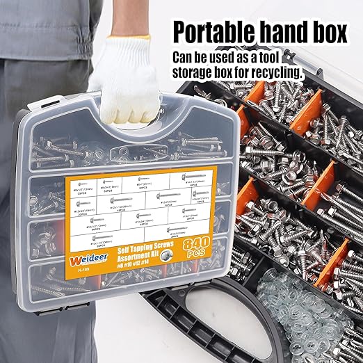 weideer 840pcs #8#10#12#14 Self Tapping Screws for Metal,410 Stainless Steel Screws Assortment Kit, Hex Washer Head Quick Tapping Self Drilling Screw with Rubber Washer (420 Sets) K-189