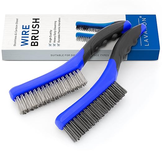 Wire Brush Set-Heavy Duty Stainless & Carbon Steel Bristles with Plastic Handle Grip for Rust, Wielding Slag, Dirt & Paint Scrubbing with Deep Cleaning ??10 Inches (Pack of 2-Blue)
