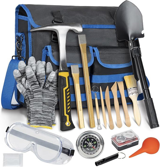 28PCS Geology Rock Pick Hammer Kit, Gold Mining & Prospecting Equipment Tool, including 32oz Hammer, Shovel, Wooden Chisel, Magnifying Glass, Plastic Bags, Whistle, Goggles, Compass