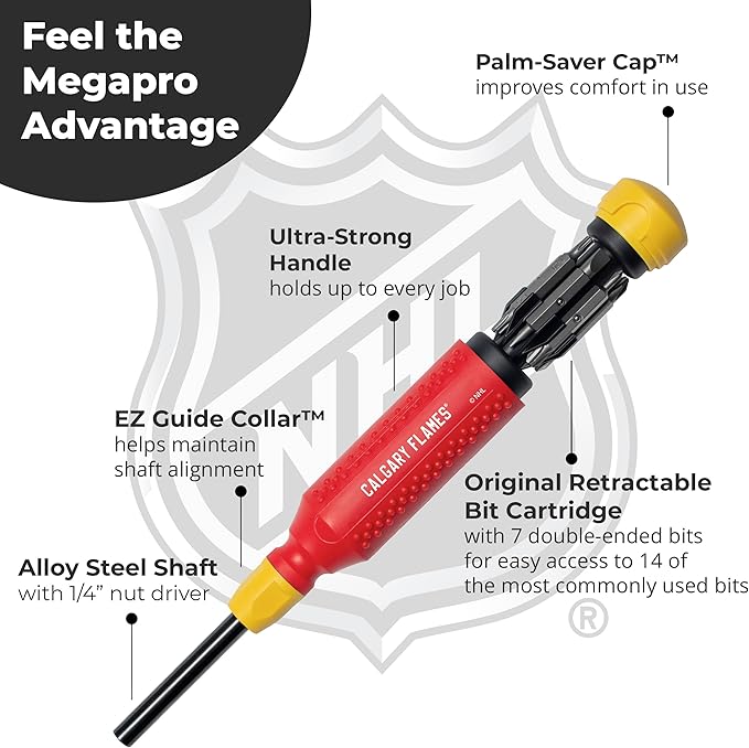 MEGAPRO짰 NHL짰 Team Edition Multi-bit Screwdriver | Officially Licensed NHL짰 Gear | Durable, Ergonomic, Pro-Grade Screwdriver (Calgary Flames짰)