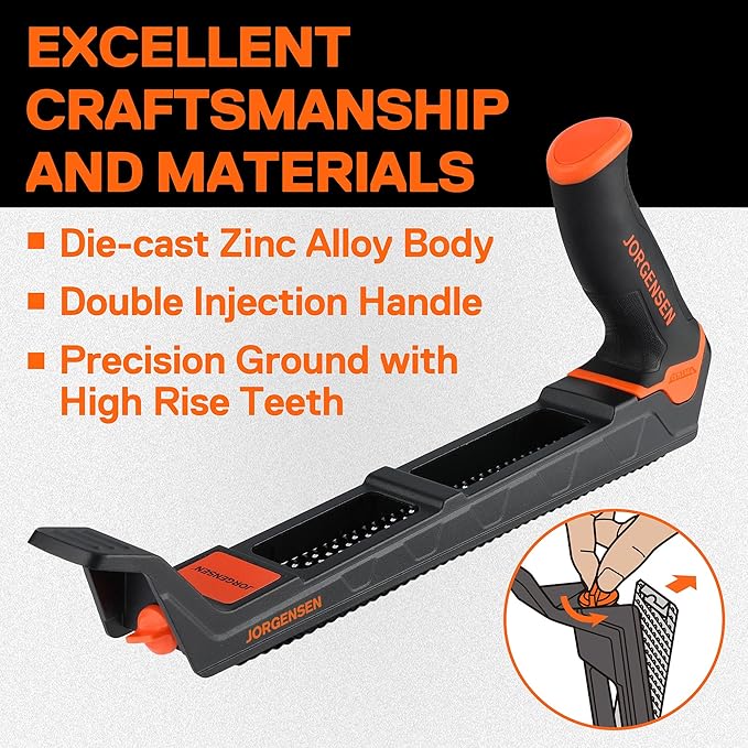JORGENSEN Wood Plane, Professional Surform Plane, Zinc Alloy Die Casting Body, 65MN Sharp Blade, Wood Shaver Tool for Woodworking Rasp - Ergonomic Soft Grip Handle