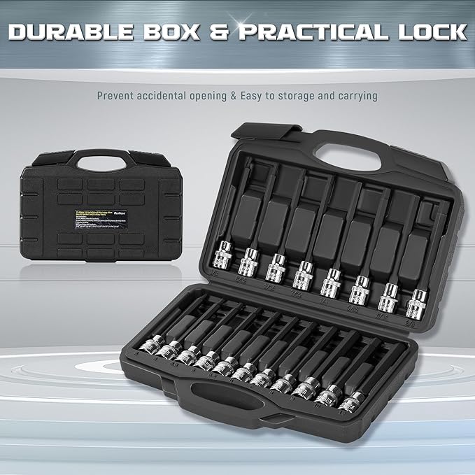 ALOANES 3/8 Inch Drive Extra Long Allen Hex Bit 19 PCs Socket Set, Standard SAE (1/8" - 3/8"), Metric(3mm-12mm)