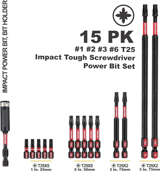 T25 mpact Tough Magnetic #25 Torx Head Power Bits, 15Pieces S2 Alloy Steel T25 Screwdriver Bits Set with Impact Magnetic Bit Holder