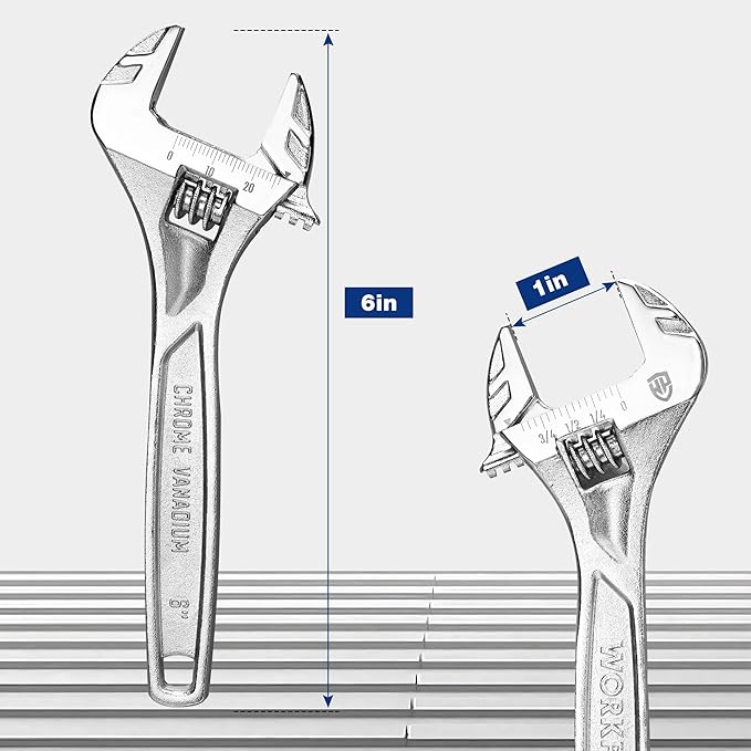 WORKPRO Adjustable Wrench, 6-inch Heavy Duty Spanner with Inch/Metric Scale, Premium Cr-V Steel, Chrome Plated