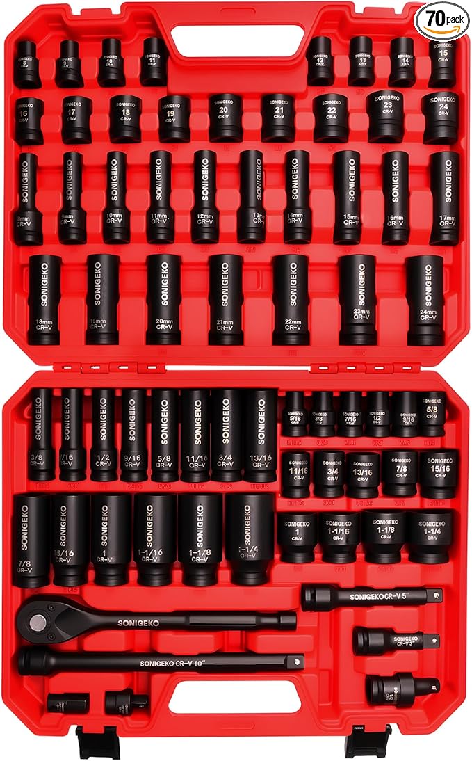 1/2" Drive Impact Socket Set,70-Piece 6 Point Deep, Standard SAE and Metric CR-V Steel Sockets with Drive Ratchet Handle (1/2" 70 PCS Socket Set,Metric and SAE)