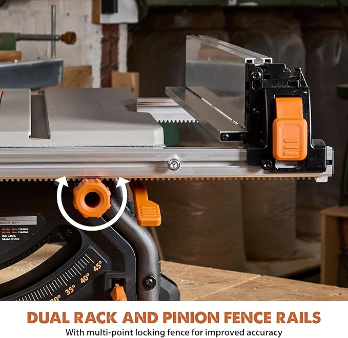 Evolution R10TBLX 10" Jobsite Table Saw with Wheeled Scissor Stand | 15A Motor | Multi-Material Cutting | 10" Blade | 26” Rip | 3-3/8” Depth | 0-45º Bevel | Precision Fence | Portable & Heavy-Duty