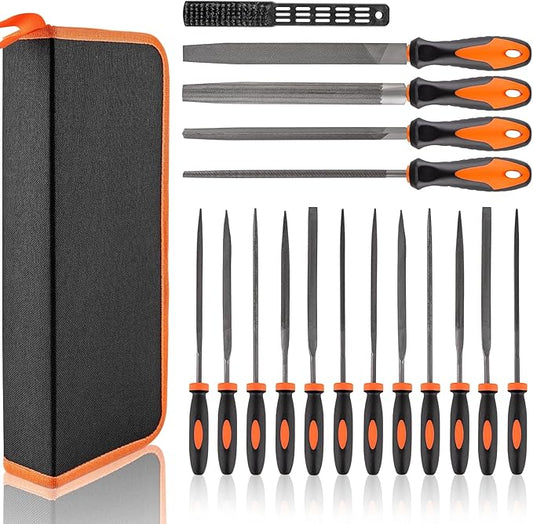 17 PCS Metal File Set Upgraded Hemicycle, Angle, Round, Flat & Needle Files for Plastic, Wood, Metal Projects - Alloy Steel Hand Tools with Storage Case