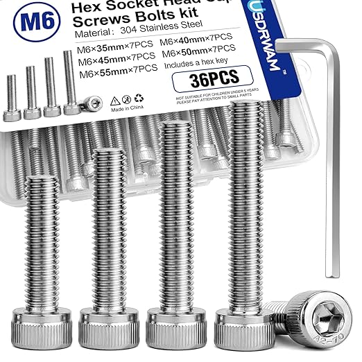 35Pcs M6 Hex Socket Head Screws, Stainless Steel Full Thread Bolts Assortment Kit in 35mm, 40mm, 45mm, 50mm, 55mm