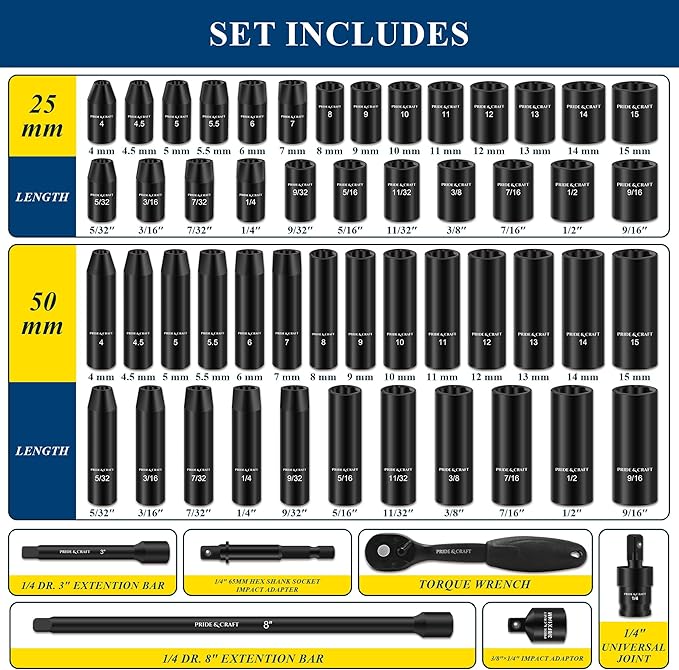 PRIDE&CRAFT 1/4" 56-Piece Impact Driver Socket Set, SAE (5/32 to 9/16 inch) and Metric (4-15mm) Sizes with Adapters, Extension Bars, Universal Joint, Torque Wrench, One Set for All, Gift for Him