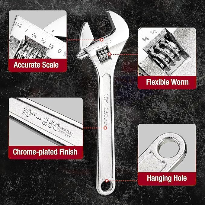CRAFTZONE Adjustable Wrench Set, 2pc Wrench Sets with SAE and Metric Scales, Heat-Treated Carbon Steel with Chrome Plated, Wide Jaw Wrenches for Home, Plumbing, Garage (6, 10 Inch)