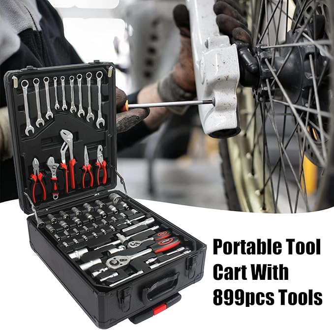 Aokleo 899PCS Tool Set, Household Tool Kit with Rolling Tool Box, Complete Tool Box Set Hand Tool Set with Tool Box, Mechanic Tool Set Rolling Tool Set for Auto Repair/Home Tool Set (Black)