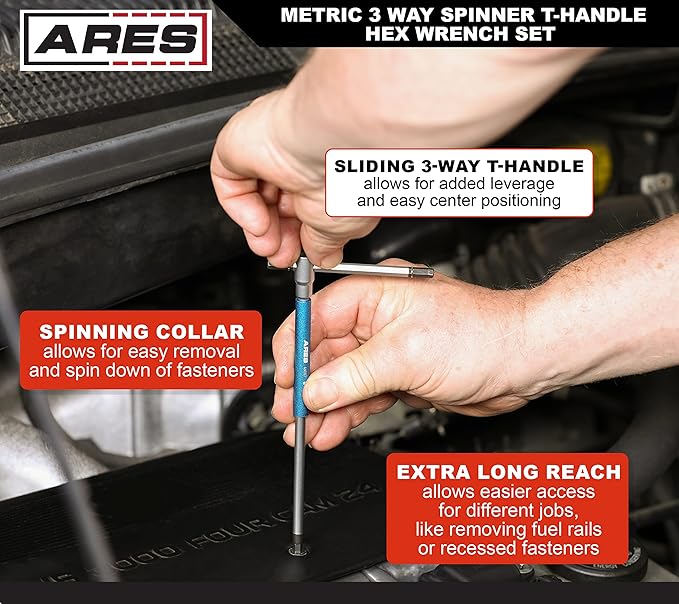ARES 44001 ??8-Piece Metric T-Handle Hex Key Set ??3-Way Spinner Wrenches with Sliding Handle ??2mm to 10mm