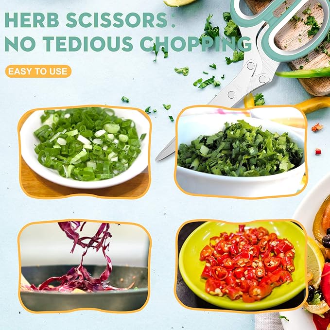 Fun Unique Kitchen Gadgets: Herb Scissors Set - Updated 2025 Cool Kitchen Tools for Cutting Fresh Garden Herbs - Sharp 5-Blade Shears with Cover, Anti-Rust Stainless Steel, Dishwasher Safe (Blue)