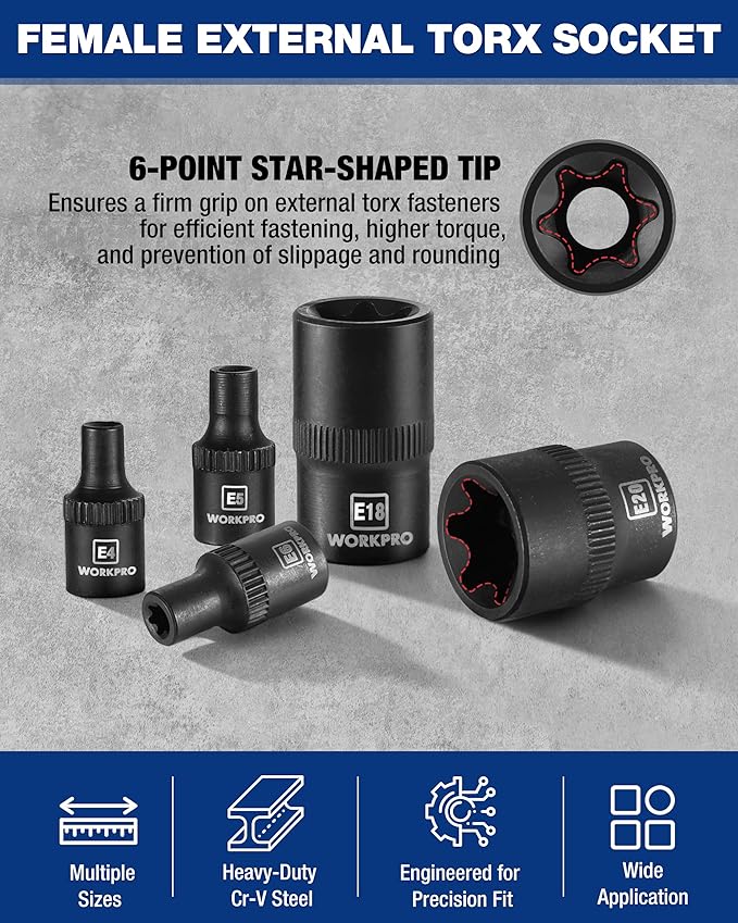 WORKPRO 11PCS E-Torx Socket Set, 1/4" 3/8" Drive Star Socket Set, CR-V Steel External Torx Socket Set (E4-E20 Socket) with PVC Socket Organizer, Ideal for Motorcycle, Automotive, and Mechanical Repair