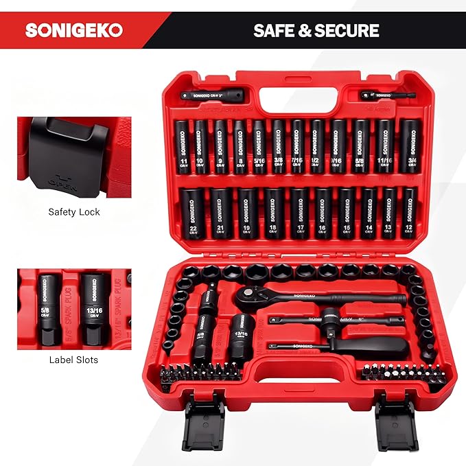 Socket Set 3/8" Drive Impact 95-Piece 6 Point Deep, Standard SAE and Metric CR-V Steel Sockets with Drive Ratchet Handle (3/8" 95 PCS Socket Set,Metric and SAE)