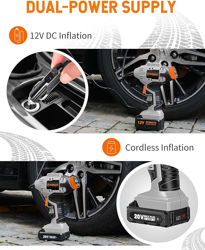 WORKSITE Cordless Tire Inflator Air Compressor,Portable Handheld Air Pump,Battery Powered Car Tire Pump with 12V Car Power Adapter Digital Pressure Gauge for Cars Motorcycles, Gray