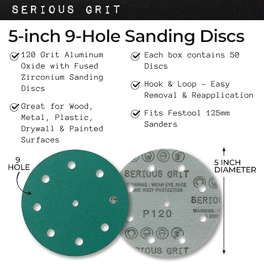 Serious Grit - 5-Inch 9-Hole 120 Grit Sanding Discs - Heavy-Duty Hook & Loop Film Discs - Sandpaper for Random Orbital Sanders - 50 Pack Box